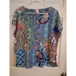 Chicos Vibrant Paisley Patchwork Short Sleeve Blouse Size 3 (XL)